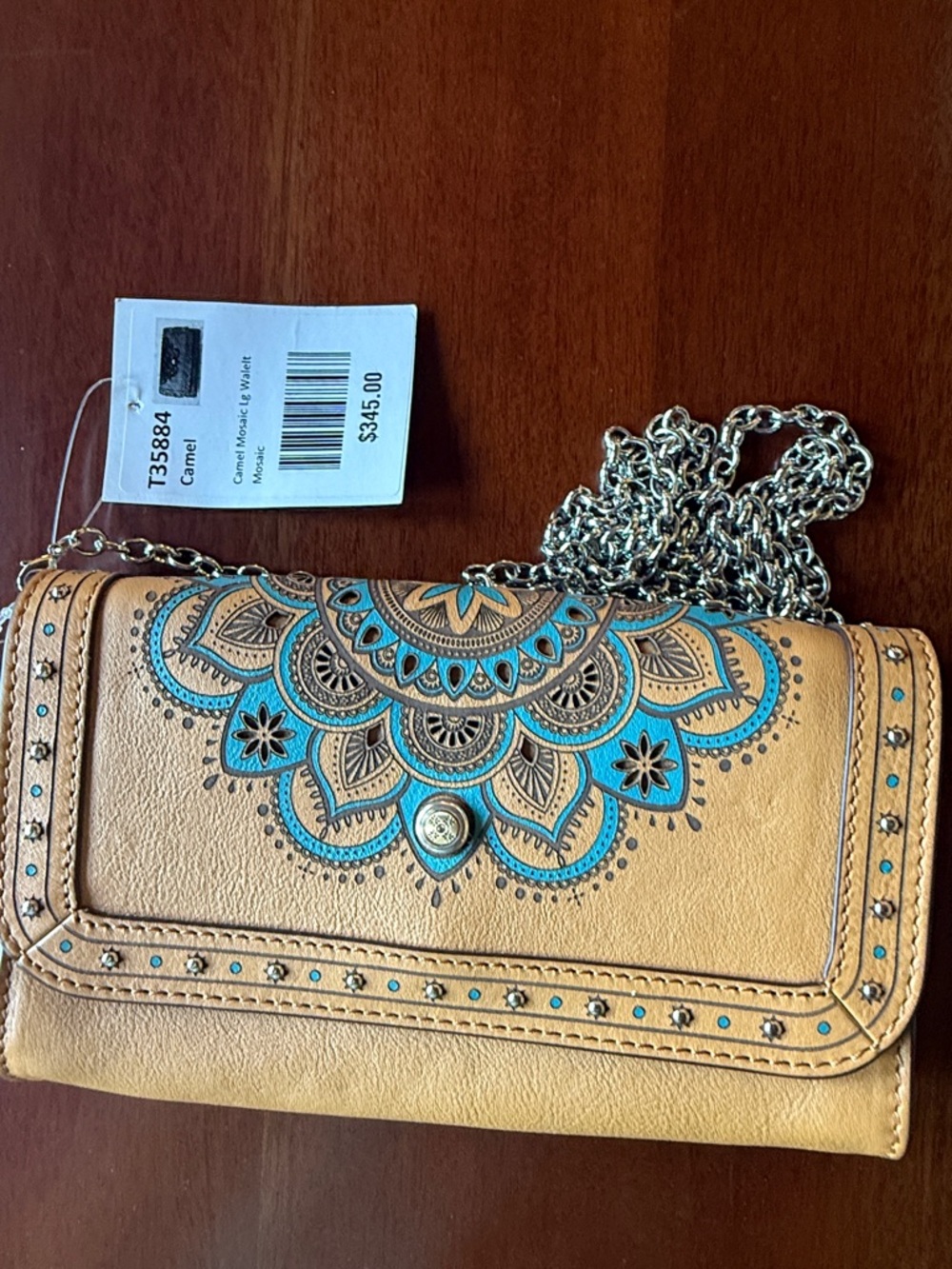 Brighton Mosaic Large Wallet. Camel . Chain strap NWT magnetic flip. 24” strap
